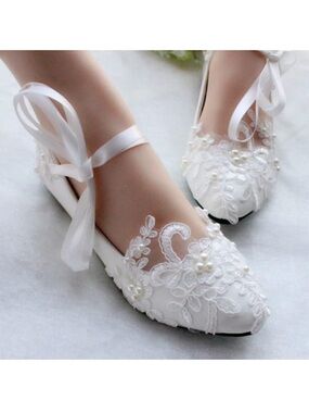 White Lace Bridal Flats with Ribbon Ankle Tie